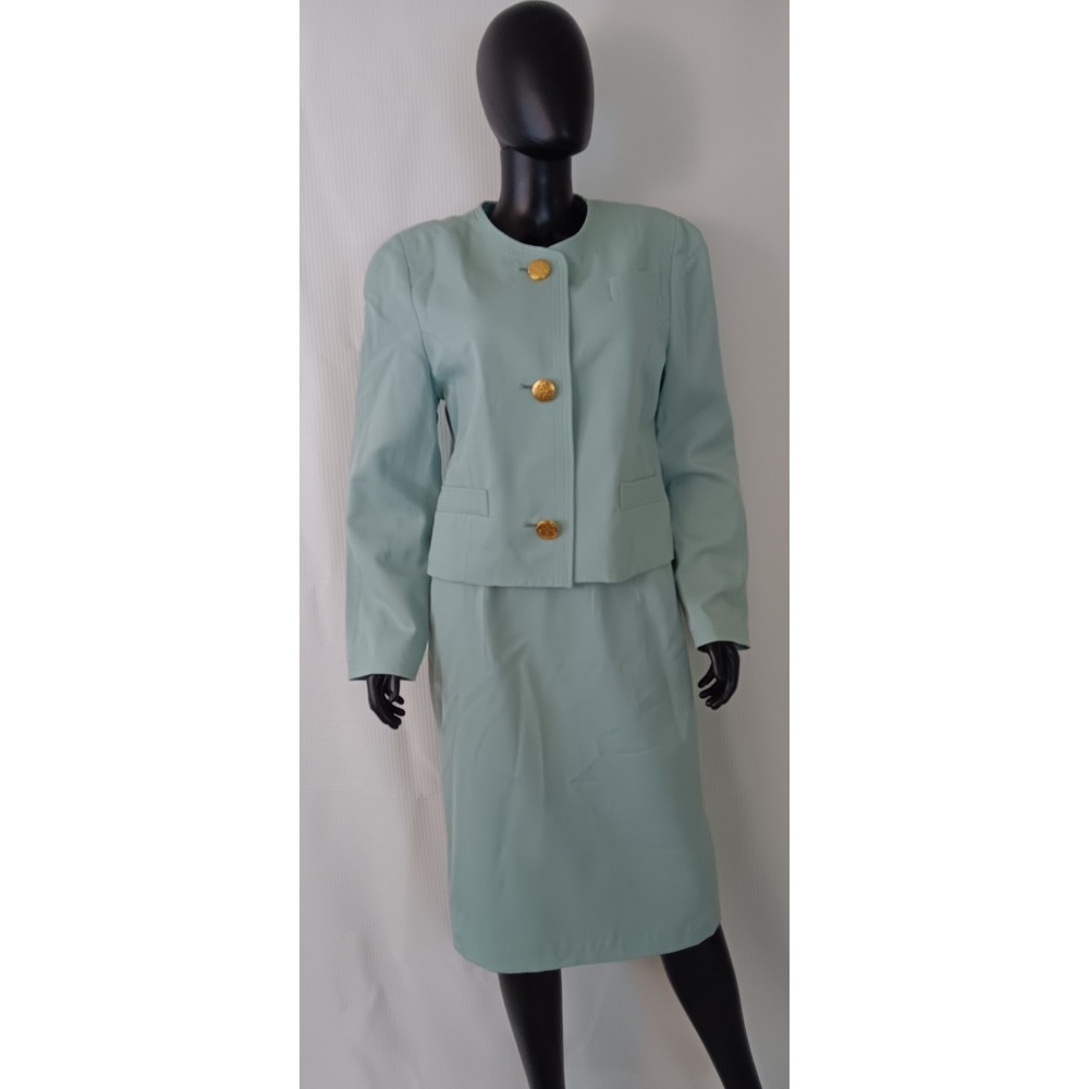 John Meyer of Norwich Wool Skirt Suit Mint Green Gold Buttons Size 14 Vintage
